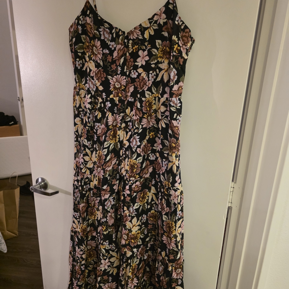 Aqua Black Floral Maxi Dress with Pink & Yellow Flowers